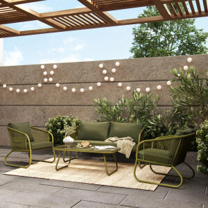 Lounge-Set Sitzgarnitur mit Esstisch Scafford 4-teilig mit Seilbespannung Oliv