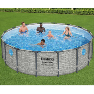 Bestway Stahlrahmenpool Set Power Steel Swim Vista Ø 488 cm x 122 cm Rund Grau
