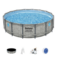 Bestway Stahlrahmenpool Set Power Steel Swim Vista Ø 488 cm x 122 cm Rund Grau