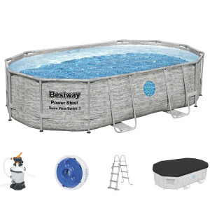 Bestway Stahlrahmenpool Set Power Steel Swim Vista 488 x 305 x 107 cm Oval Grau