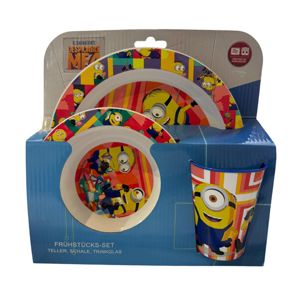 Minions Frühstücksset Kindergeschirr Geschirr Teller Schale Trinkglas 3tlg