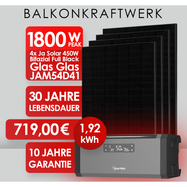 X-MAS AKTION ! Balkonkraftwerk 1800Wp 4x Ja Solar 450W Full Black + 1,92 kWh Hoymiles Speicher