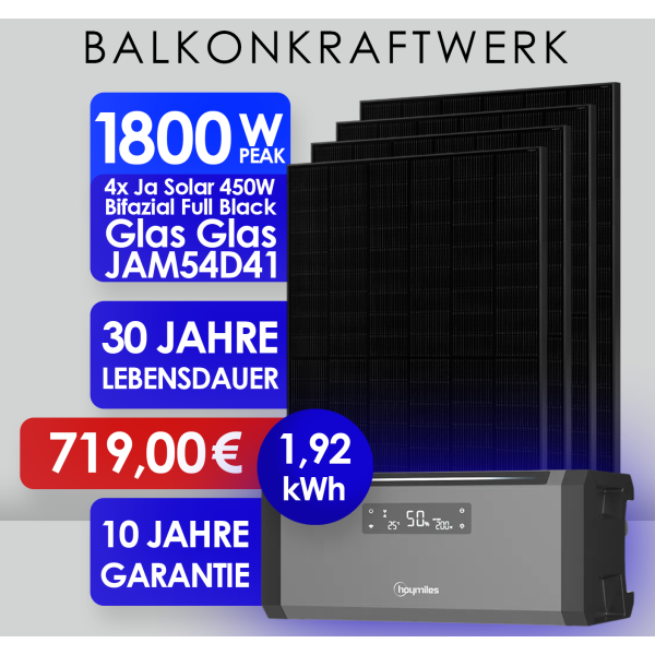 X-MAS Balkonkraftwerk 1800Wp 4x Ja Solar 450W Full Black + 1,92 kWh Hoymiles Speicher