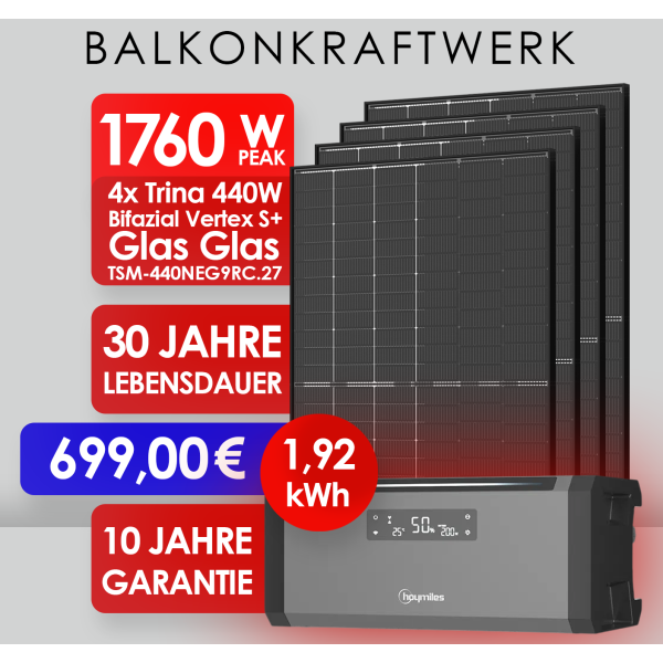 X-MAS Balkonkraftwerk 1760Wp 4x Trina 440W Full Black + 1,92 kWh Hoymiles Speicher